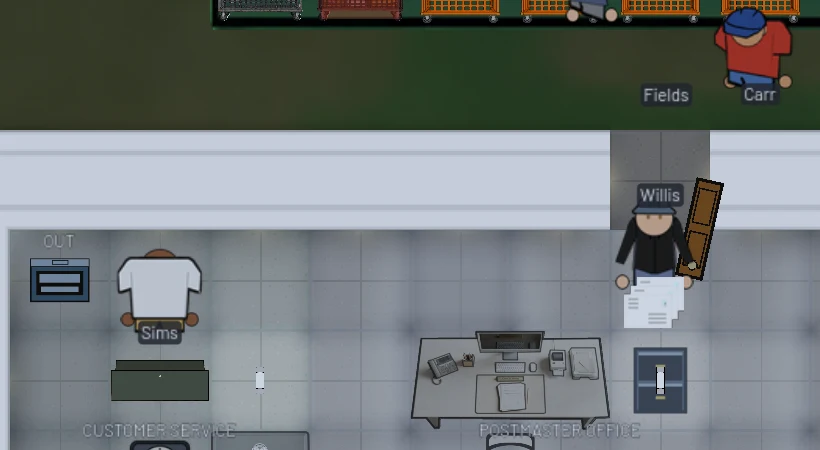 In-game: clerks carrying mail through the office
